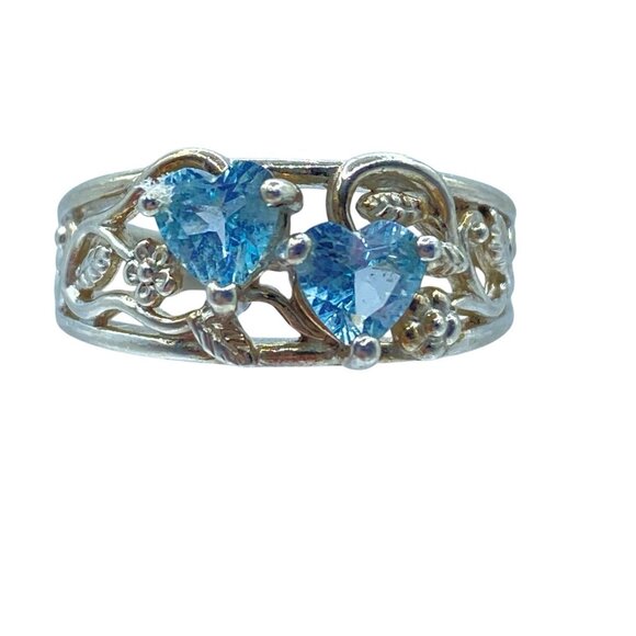 Vintage Sterling Silver Duo Heart Blue Topaz Ring Size 6 Vine Floral - Picture 1 of 9